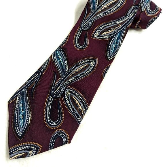 Men's Vintage 100% Italian Silk Tie - Burgandy Paisley Motif - Picture 9 of 11